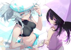 Rule 34 | 2girls, absurdres, black hair, blue eyes, blue lips, blue nails, breasts, candy, covered erect nipples, crop top, food, girls&#039; frontline, hat, heart, heart-shaped pupils, highres, hood, hoodie, kac-pdw (girls&#039; frontline), looking at viewer, looking back, multiple girls, nail polish, navel, official art, pa-15 (girls&#039; frontline), phone, pubic hair, purple eyes, purple hair, shanyao jiang tororo, short shorts, shorts, sports bra, symbol-shaped pupils, twintails, umbrella, watch