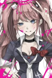 Rule 34 | 1girl, arm up, bear hair ornament, black choker, blonde hair, blood, blood on face, blue eyes, bow, breasts, choker, cleavage, danganronpa: trigger happy havoc, danganronpa (series), enoshima junko, grin, hair ornament, hand on own hip, highres, large breasts, long hair, looking at viewer, minase (wakame 07280), nail polish, necktie, pink blood, pink nails, school uniform, shirt, smile, solo, teeth, twintails, v