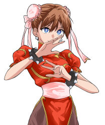 Rule 34 | adapted costume, blue eyes, bracelet, breasts, bright pupils, brown hair, brown pantyhose, bun cover, capcom, china dress, chinese clothes, chun-li, chun-li (cosplay), commentary, cosplay, double bun, dress, earrings, fighting stance, glasses, hair bun, hair ribbon, hair up, hands up, highres, jewelry, light smile, mandarin collar, medium breasts, neon genesis evangelion, pantyhose, pelvic curtain, pink ribbon, pink sash, puffy short sleeves, puffy sleeves, red dress, ribbon, sash, sashimi (sasihmi), short sleeves, side slit, simple background, smile, souryuu asuka langley, spiked bracelet, spikes, standing, street fighter, toggles, white background, white pupils