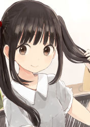Rule 34 | 1girl, blunt bangs, blush, brown eyes, brown hair, frilled sleeves, frills, hair ornament, hair tie, holding, holding hair, looking at viewer, nasuna, original, shirt, short sleeves, smile, solo, twintails, upper body