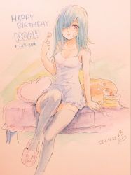 Rule 34 | 10s, 1girl, blue hair, cake, cake slice, camisole, character name, commentary request, cream, cream on face, dated, food, food on face, food on hand, frilled pillow, frills, hair down, hair over one eye, happy birthday, heart, heart-shaped pillow, long hair, looking at viewer, photo (medium), pillow, red eyes, signature, sitting, slippers, smile, solo, stuffed toy, swept bangs, takigawa noa, thighhighs, traditional media, yamada-kun to 7-nin no majo, yoshikawa miki