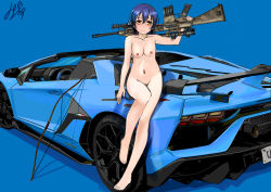 Rule 34 | 1girl, artist name, artist request, bare legs, bare shoulders, barefoot, blue background, blue hair, blush, bow (weapon), breasts, brown eyes, car, collarbone, commentary request, feet, female focus, full body, gun, hair between eyes, half-closed eyes, highres, holding, holding gun, holding weapon, long hair, looking at viewer, love live!, love live! school idol project, motor vehicle, nipples, parted lips, small breasts, smile, solo, sonoda umi, standing, weapon, yellow eyes