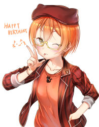 Rule 34 | 10s, 1girl, ;p, absurdres, animal hat, cat hat, hachinatsu, hand in pocket, happy birthday, hat, highres, hoshizora rin, jewelry, looking at viewer, love live!, love live! school idol festival, love live! school idol project, necklace, one eye closed, orange hair, short hair, solo, tongue, tongue out, white background, yellow eyes