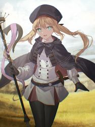 1girl aqua_eyes artoria_caster_(fate) artoria_caster_(second_ascension)_(fate) artoria_pendragon_(fate) belt blonde_hair chromatic_aberration cloak day fate/grand_order fate_(series) gloves hat highres holding long_hair open_mouth outdoors pantyhose sheath sheathed solo staff sword tamitami twintails weapon