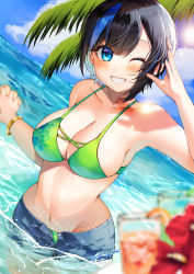 Rule 34 | 1girl, absurdres, bare arms, bikini, black hair, blue eyes, blue hair, blue sky, blurry, blush, bracelet, breasts, cleavage, coin, day, denim, denim shorts, depth of field, ear piercing, flower, green bikini, grin, hibiscus, highres, horizon, jewelry, large breasts, looking at viewer, multicolored hair, nail polish, navel, ocean, one eye closed, open fly, original, outdoors, palm tree, partially submerged, piercing, shorts, sky, smile, solo, standing, streaked hair, sun, sunlight, swimsuit, teeth, tree, two-tone hair, wading, yam (yamap mako)