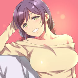 Rule 34 | 10s, 1girl, bare shoulders, breasts, collarbone, commentary request, duke (inu daimyou), green eyes, grin, hair ornament, hair scrunchie, head rest, large breasts, long hair, long sleeves, looking at viewer, love live!, love live! school idol project, lowres, off-shoulder shirt, off shoulder, purple hair, red background, red scrunchie, scrunchie, shirt, smile, solo, tojo nozomi, twintails, upper body, yellow shirt