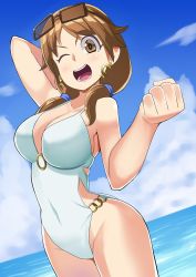 Rule 34 | 1girl, absurdres, blue sky, breasts, brown eyes, brown hair, casual one-piece swimsuit, clenched hand, cloud, commentary request, cowboy shot, day, earrings, eyewear on head, highres, horizon, idolmaster, idolmaster cinderella girls, jewelry, katagiri sanae, large breasts, low twintails, o-ring, o-ring swimsuit, ocean, one-piece swimsuit, open mouth, outdoors, popopo, short twintails, sky, smile, solo, sunglasses, swimsuit, teeth, twintails, white one-piece swimsuit