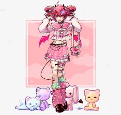 Rule 34 | 1girl, :d, bag, belt, belt chain, blush, bread hair ornament, chain, chain earrings, collar, crop top, cross-laced clothes, demon horns, demon wings, drill hair, facial mark, fang, food-themed bag, food-themed clothes, food-themed hair ornament, food print, fortissimo, frilled shirt collar, frilled skirt, frills, goth fashion, hair ornament, hair ribbon, hairclip, hands in hair, hands up, heart, heart facial mark, heart o-ring, highres, holding, holding bag, horns, ianxy2, kasane teto, loafers, long sleeves, loose socks, midriff, musical note, musical note hair ornament, navel, o-ring, o-ring belt, open mouth, pink eyes, pink hair, pink theme, plaid, plaid skirt, punkish gothic, ribbon, safety pin, shoes, skirt, smile, socks, solo, spring onion hair ornament, strawberry print, stuffed animal, stuffed cat, stuffed rabbit, stuffed toy, tattoo, thigh strap, twin drills, utau, wings, x hair ornament