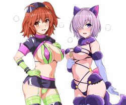 Rule 34 | 2girls, ahoge, animal ears, bare shoulders, belt, bikini, black footwear, black headwear, black skirt, blush, boots, bow, breasts, cleavage, cosplay, covered erect nipples, elbow gloves, fate/grand order, fate (series), florence nightingale (fate), florence nightingale (trick or treatment) (fate), florence nightingale (trick or treatment) (fate) (cosplay), fujimaru ritsuka (female), fur-trimmed gloves, fur-trimmed legwear, fur collar, fur trim, garrison cap, gloves, green bikini, green gloves, green thighhighs, hair over one eye, haruhisky, hat, highres, lace, lace-trimmed legwear, lace trim, large breasts, layered bikini, light purple hair, looking at viewer, mash kyrielight, mash kyrielight (dangerous beast), miniskirt, multiple girls, navel, o-ring, one side up, open mouth, orange eyes, orange hair, purple belt, purple bikini, purple eyes, purple gloves, purple thighhighs, revealing clothes, short hair, short sleeves, shrug (clothing), skirt, smile, swimsuit, tail, thigh boots, thighhighs, thighhighs under boots, thighs, wolf ears, wolf tail