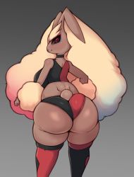 Rule 34 | 1girl, absurdres, ass, back, bare shoulders, between buttocks, black choker, black sclera, breasts, choker, colored sclera, cowboy shot, creatures (company), eyeshadow, female focus, furry, game freak, gen 4 pokemon, highres, huge ass, large breasts, looking at viewer, looking back, lopunny, makeup, nintendo, pokemon, pokemon (creature), rabbit tail, red eyes, saltyxodium, shiny skin, solo, standing