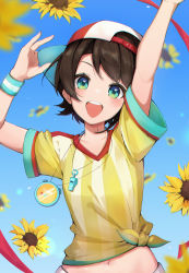 Rule 34 | 1girl, absurdres, arms up, flower, highres, hololive, midriff, oozora subaru, oozora subaru (1st costume), shirt, short sleeves, shyi, solo, stopwatch, stopwatch around neck, striped clothes, striped shirt, sunflower, tied shirt, upper body, vertical-striped clothes, vertical-striped shirt, virtual youtuber, watch, whistle, whistle around neck, wristband, yellow flower