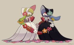 Rule 34 | 2girls, a-nya, alternate color, artist name, black dress, black gloves, black headwear, blue eyes, blue flower, blue hair, blue trim, blush, blush stickers, bob cut, bonnet, capelet, closed mouth, clothed pokemon, colored skin, comfey, constricted pupils, creatures (company), dress, elbow gloves, female focus, flat chest, flower, from side, full body, game freak, gardevoir, gardevoir (fashionable), gen 3 pokemon, gen 7 pokemon, gloves, green eyes, green hair, grey background, happy, hat, hat flower, highres, holding, holding flower, light blush, looking at viewer, mega gardevoir, mega pokemon, multiple girls, nintendo, open mouth, orange flower, pink flower, pink trim, pokemon, pokemon (creature), pokemon unite, red eyes, red flower, shiny and normal, shiny pokemon, short hair, signature, simple background, smile, standing, symmetry, twitter username, white capelet, white dress, white flower, white gloves, white headwear, white skin