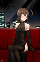 Rule 34 | 1girl, ahoge, andou natsuki, artist name, bare shoulders, black dress, black gloves, black thighhighs, breasts, brown eyes, brown hair, cleavage, collarbone, commentary, couch, covered collarbone, dress, elbow gloves, falling star, feet out of frame, gloves, hair between eyes, highres, indoors, kitakubu katsudou kiroku, night, night sky, no panties, parted lips, see-through, see-through cleavage, short hair, side slit, sitting, sky, sleeveless, sleeveless dress, small breasts, smile, solo, star (sky), starry sky, thighhighs, twitter username, twrlare