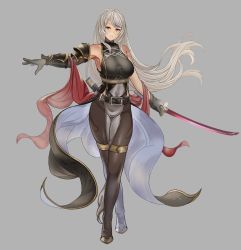 Rule 34 | 1girl, absurdres, armpits, asymmetrical gloves, bare shoulders, blush, closed mouth, full body, gloves, grey gloves, grey hair, highres, holding, holding sword, holding weapon, katana, long hair, looking at viewer, original, pantyhose, pelvic curtain, red eyes, shawl, simple background, smile, solo, sword, thighlet, tnr (horiko1525), weapon
