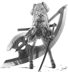 Rule 34 | 1girl, axe, bare shoulders, blood, blood on clothes, blood on face, bloody weapon, bow, dress, full body, garter belt, garter straps, greyscale, hair between eyes, hair bow, hair ribbon, holding, holding sword, holding weapon, huge weapon, i-iv (longman), katana, lace, long hair, mary janes, monochrome, original, ribbon, shoes, simple background, sleeveless, smile, solo, standing, sword, thighhighs, twintails, wadatsumi garland, weapon, white background, wrist cuffs, yandere