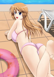 Rule 34 | 1girl, arm support, ass, barefoot, bikini, blue eyes, blush, breasts, brown hair, fuuma nagi, highres, innertube, large breasts, light brown hair, long hair, looking at viewer, looking back, lying, on stomach, open mouth, original, perspective, pink bikini, pool, poolside, solo, swim ring, swimsuit, underboob