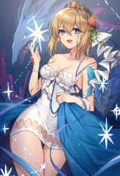 Rule 34 | 1girl, :d, bad id, bad pixiv id, bare shoulders, blue eyes, blue ribbon, blush, breasts, brown hair, collarbone, commentary request, coyucom, dress, europa (granblue fantasy), eyebrows hidden by hair, fingernails, flower, granblue fantasy, hair between eyes, hair flower, hair ornament, hand up, highres, holding, looking at viewer, medium breasts, open mouth, purple flower, purple rose, red flower, red rose, ribbon, rose, short dress, smile, solo, strapless, strapless dress, tiara, white dress