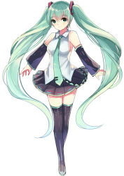 Rule 34 | 1girl, black footwear, black skirt, black thighhighs, blush, boots, breasts, closed mouth, collared shirt, detached sleeves, full body, green eyes, green hair, green necktie, hair between eyes, hatsune miku, long hair, looking at viewer, medium breasts, necktie, pleated skirt, ry thae, shirt, simple background, skirt, sleeveless, sleeveless shirt, smile, solo, standing, thigh boots, thighhighs, twintails, very long hair, vocaloid, white background, wing collar, zettai ryouiki