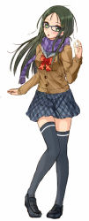 Rule 34 | 1girl, black hair, glasses, green eyes, kazeno, long hair, original, scarf, school uniform, serafuku, solo, thighhighs