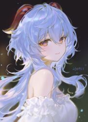 Rule 34 | 1girl, adelie cat, ahoge, bare shoulders, blue hair, breasts, dress, from side, ganyu (genshin impact), genshin impact, highres, horns, light smile, long hair, looking at viewer, medium breasts, off-shoulder dress, off shoulder, purple eyes, sidelocks, solo, upper body, white dress