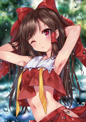 Rule 34 | 1girl, ;/, armpits, arms behind head, arms up, bad id, bad pixiv id, bare arms, bare shoulders, black hair, blurry, blush, bow, breasts, closed mouth, crop top, depth of field, hair bow, hair tubes, hakurei reimu, hip vent, komazuki (komaworks240), long hair, looking at viewer, navel, neck ribbon, red bow, red eyes, red skirt, ribbon, shirt, skirt, sleeveless, sleeveless shirt, small breasts, solo, stomach, touhou, untied, upper body, water, water drop