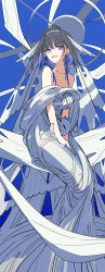 Rule 34 | 1girl, bare shoulders, blue background, blue bow, blue eyes, blue hair, boros (ouro kronii), bow, bow earrings, breasts, cleavage, colored inner hair, dress, earrings, fangs, hair intakes, halo, highres, hololive, hololive english, jewelry, mechanical halo, medium breasts, multicolored hair, open mouth, ouro kronii, short hair, sitting, skin fangs, smile, solo, v-shaped eyebrows, virtual youtuber, wada arco, white dress