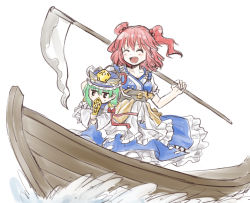 Rule 34 | 2girls, black eyes, blush, breasts, canoe, carrying, carrying under arm, chibi, cleavage, closed eyes, covering own mouth, green hair, hair bobbles, hair ornament, hat, medium breasts, multiple girls, naegi (naegidokoro), obi, onozuka komachi, open mouth, over shoulder, red hair, robe, rod of remorse, sash, scythe, shiki eiki, short hair, short sleeves, short twintails, simple background, sketch, skirt, smile, touhou, twintails, two side up, water, weapon, weapon over shoulder, white background, wide sleeves