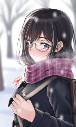 Rule 34 | 1girl, bag, bare tree, black coat, black hair, blue-framed eyewear, blue eyes, blurry, blurry background, blush, breasts, brown bag, closed mouth, coat, duffel coat, enpera, from side, glasses, highres, large breasts, looking at viewer, looking to the side, original, outdoors, plaid, plaid scarf, purple scarf, scarf, school bag, semi-rimless eyewear, signature, smile, snow, snowing, solo, tree, upper body, winter, yagamin258