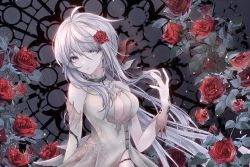 Rule 34 | 1girl, character request, cleavage cutout, clothing cutout, copyright request, cross, dress, flower, gloves, grey eyes, hair flower, hair ornament, high collar, highres, looking at viewer, rika mayuzumi, rose, sleeveless, slit pupils, solo, virtual youtuber, white dress, white hair