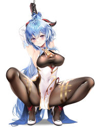 Rule 34 | 1girl, absurdres, ahoge, armpits, arms up, bad id, bad pixiv id, bdsm, bell, black bodysuit, black pantyhose, blue hair, blush, bodystocking, bodysuit, breasts, brown bodysuit, cameltoe, cleavage, commentary, covered erect nipples, covered navel, crotch, cuffs, detached sleeves, full body, furrowed brow, ganyu (genshin impact), genshin impact, goat horns, groin, high heels, highres, horns, lillly, long hair, looking at viewer, low ponytail, medium breasts, multicolored eyes, neck bell, no bra, no panties, pantyhose, pelvic curtain, purple eyes, restrained, sideboob, sidelocks, solo, spread legs, thighlet, thighs, waist cape, white background, white sleeves