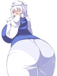 Rule 34 | 1girl, ass, bad id, bad pixiv id, blush, breasts, closed eyes, flying sweatdrops, from behind, gigantic breasts, hat, huge ass, letty whiterock, open mouth, panties, plump, see-through, short hair, sideboob, skin tight, smile, solo, sweatdrop, touhou, uccow, underwear, white hair