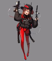 Rule 34 | 1girl, arms up, black coat, black headwear, bodysuit, brown hair, coat, full body, glint, grey background, highres, long sleeves, open mouth, original, red bodysuit, red eyes, rinotuna, short hair, simple background, smile, solo, standing