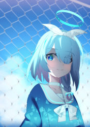 Rule 34 | 1girl, arona (blue archive), blue archive, blue eyes, blue hair, blue shirt, blue sky, blush, bow, braid, chain-link fence, choker, closed mouth, cloud, collarbone, commentary request, day, eyes visible through hair, fence, hair ribbon, hairband, halo, kogyokuapple, looking at viewer, multicolored hair, outdoors, pink hair, ribbon, sailor collar, school uniform, serafuku, shirt, sky, smile, solo, two-tone hair, upper body, white bow, white choker, white hairband, white ribbon, white sailor collar