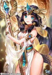 Rule 34 | 1girl, bat wings, black hair, black wings, blue eyes, breasts, character request, cleavage, copyright name, dress, egyptian, esphy, jewelry, lots of jewelry, mystic blood, pointy ears, smile, solo, staff, tail, twintails, white dress, wings