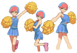 Rule 34 | 1girl, absurdres, alternate costume, arm up, blue shirt, blue skirt, breasts, cheerleader, closed mouth, commentary request, creatures (company), flying sweatdrops, game freak, glasses, highres, holding, holding pom poms, kellila93, leg up, looking at viewer, medium breasts, multicolored hair, multiple views, nintendo, parted lips, penny (pokemon), pink footwear, pleated skirt, pokemon, pokemon sv, pom pom (cheerleading), pom poms, round eyewear, shirt, shoes, short hair, simple background, skirt, sleeveless, sleeveless shirt, two-tone hair, white background