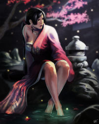 Rule 34 | 1girl, barefoot, black hair, breasts, cherry blossoms, cleavage, earrings, flower, japanese clothes, jewelry, kimono, lips, long hair, medium breasts, night, ponytail, rejean dubois, signature, sitting, soaking feet, solo, stone lantern, very long hair, water