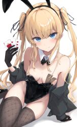 Rule 34 | 1girl, animal ears, bare shoulders, black gloves, black jacket, black leotard, blonde hair, blue eyes, blush, bow, bowtie, breasts, card, cleavage, covered navel, detached collar, fake animal ears, fishnet thighhighs, fishnets, gloves, hair ornament, highleg, highleg leotard, jacket, leotard, long hair, looking at viewer, medium breasts, off shoulder, playboy bunny, playing card, rabbit ears, saenai heroine no sodatekata, sawamura spencer eriri, simple background, smile, solo, strapless, strapless leotard, thighhighs, traditional bowtie, tu (to sse), twintails, white background