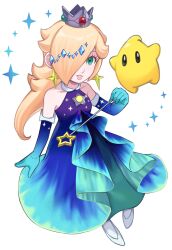 Rule 34 | 1girl, absurdres, bare shoulders, blonde hair, blue eyes, brooch, crown, dress, earrings, elbow gloves, full body, gloves, gradient dress, hair over one eye, highres, holding, holding wand, jewelry, long hair, looking at viewer, luma (mario), mario (series), mario kart, mario kart tour, multicolored clothes, multicolored dress, nintendo, official alternate costume, parted lips, rosalina, rosalina (aurora), sasaki sakiko, star (symbol), star brooch, star earrings, wand, white background, white footwear