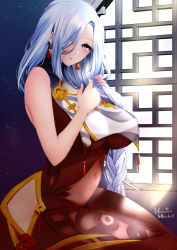 Rule 34 | 1girl, bare arms, bare shoulders, blue eyes, blue hair, bodysuit, braid, breasts, commentary request, covered navel, genshin impact, hachimitsu hinako, hair over one eye, hip vent, large breasts, long hair, looking at viewer, low-braided long hair, low-tied long hair, one eye covered, parted lips, shenhe (genshin impact), solo
