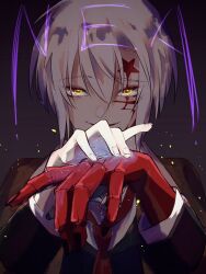 Rule 34 | 1boy, allen walker, black nails, bokuhaboku, character name, colored skin, d.gray-man, dark background, dark persona, dated commentary, foreshortening, gloves, glowing, glowing eyes, hair between eyes, highres, long sleeves, looking at viewer, male focus, multicolored skin, red skin, scar, scar across eye, scar on face, shirt, short hair, smile, solo, upper body, yellow eyes