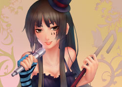 Rule 34 | 00s, 1girl, akiyama mio, black eyes, black hair, blunt bangs, breasts, bug, butterfly, cane, cleavage, don&#039;t say &quot;lazy&quot;, dress, facepaint, fingerless gloves, gloves, grin, haoyuan, hat, hime cut, insect, k-on!, microphone, mini hat, mini top hat, smile, solo, striped, top hat