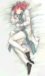 Rule 34 | 1boy, ahoge, dakimakura (medium), fate/grand order, fate (series), full body, gloves, green eyes, high ponytail, kihonsiii, lab coat, lanyard, looking at viewer, male focus, parted lips, pink hair, ponytail, romani archaman, signature, socks, solo, white gloves