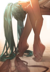 Rule 34 | 1girl, absurdres, aqua eyes, aqua hair, backlighting, bare legs, barefoot, bent over, blurry, blurry foreground, closed mouth, commentary, depth of field, face, feet, from side, hand on own foot, hands on feet, hatsune miku, highres, hikari0412, long hair, looking at viewer, looking to the side, shoes, unworn shoes, smile, solo, tight shoes, tile floor, tiles, toes, twintails, vocaloid, white background