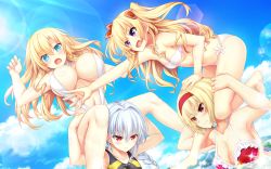 Rule 34 | 4girls, armpits, bikini, bikini bottom only, blonde hair, blue eyes, blush, bouncing breasts, braid, breasts, cleavage, closed mouth, day, eurasia of end, floating hair, game cg, hairband, hand on another&#039;s head, happy, highres, iris december uncry, large breasts, legs, long hair, lucia of end, medium hair, multiple girls, navel, noel the nextseason, nora to oujo to noraneko heart 2, ocean, oozora itsuki, open mouth, original, outdoors, outstretched arm, partially submerged, purple eyes, purple hair, red eyes, serious, single braid, sitting, sitting on shoulder, sky, small breasts, smile, sun, sunlight, swimsuit, thighs, twintails, water