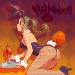 Rule 34 | 1girl, ass, bow, bowtie, breasts, brown hair, chalice, cup, detached collar, fishnet pantyhose, fishnets, fukusuke hachi-gou, halloween, highres, jack-o&#039;-lantern, leotard, long hair, original, pantyhose, playboy bunny, ponytail, rabbit tail, red eyes, revision, tail, tray, wrist cuffs