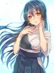 Rule 34 | 10s, 1girl, bad id, bad twitter id, blue hair, blush, brown eyes, hair between eyes, hakama, hakama skirt, hand on own chest, japanese clothes, long hair, looking at viewer, love live!, love live! school idol festival, love live! school idol project, muneate, natsu natsuna, open mouth, skirt, solo, sonoda umi, sweat