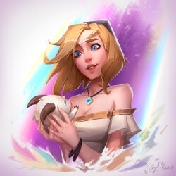 Rule 34 | 1girl, absurdres, angelmoonlight, animal, artist name, bare shoulders, black hairband, blonde hair, blue eyes, breasts, cleavage, detached sleeves, hairband, hands up, highres, holding, holding animal, jewelry, league of legends, lux (league of legends), medium breasts, necklace, off shoulder, pink background, poro (league of legends), short hair, smile, solo, teeth