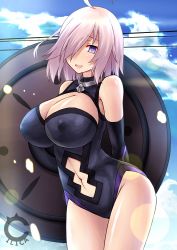 Rule 34 | 1girl, bare shoulders, black gloves, blush, breasts, cilica, cleavage, cleavage cutout, clothing cutout, cowboy shot, elbow gloves, covered erect nipples, fate/grand order, fate (series), gloves, hair over one eye, heart, heart-shaped pupils, highres, large breasts, leotard, looking at viewer, mash kyrielight, navel, navel cutout, open mouth, purple eyes, purple hair, shield, short hair, symbol-shaped pupils