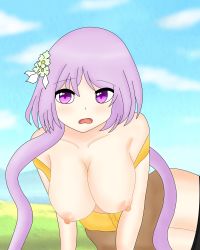 Rule 34 | 1girl, absurdres, amenora 514, blurry, blurry background, breasts, breasts out, female focus, flower, hair flower, hair ornament, highres, large breasts, looking at viewer, nipples, open mouth, outdoors, purple eyes, purple hair, shirt, solo, touhou, tsukumo benben