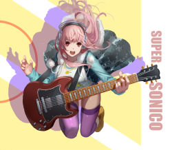 Rule 34 | 1girl, breasts, electric guitar, emp (tcrp0423), female focus, guitar, headphones, instrument, large breasts, long hair, looking at viewer, nitroplus, open mouth, pink hair, pom pom (clothes), red eyes, simple background, smile, solo, striped, striped background, super sonico, thighhighs